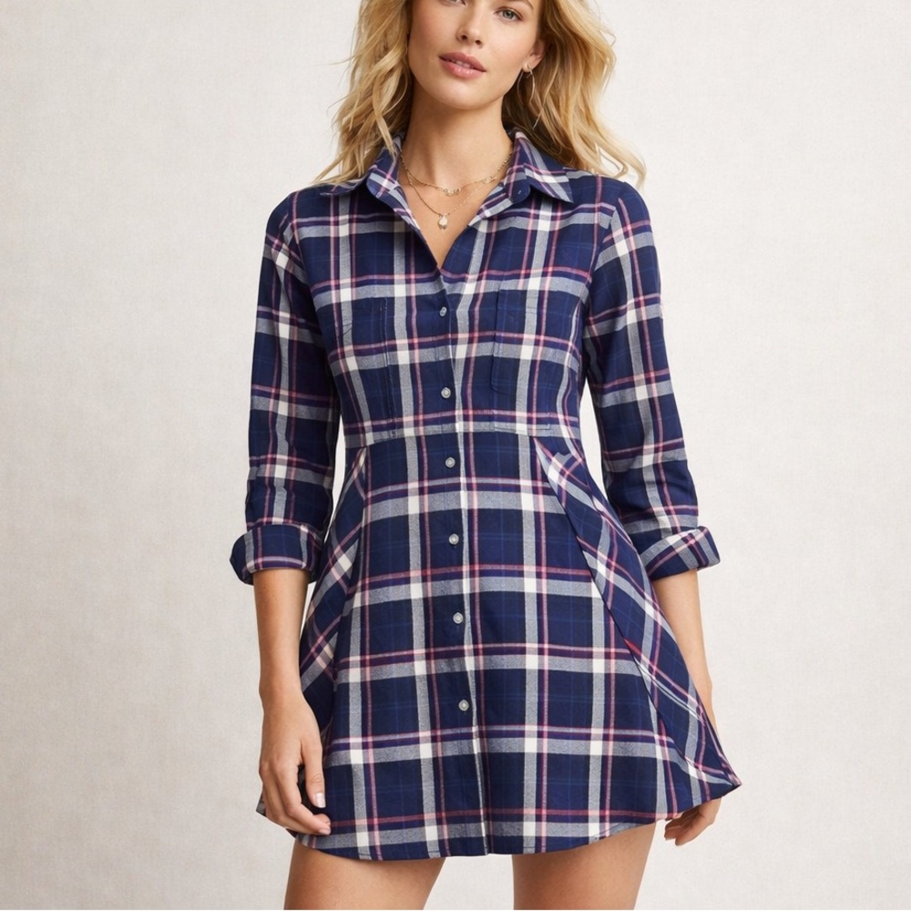 Foxcroft Navy and Red Plaid Button-Down Shirt/ Tunic/ short dress - Picture 2 of 7